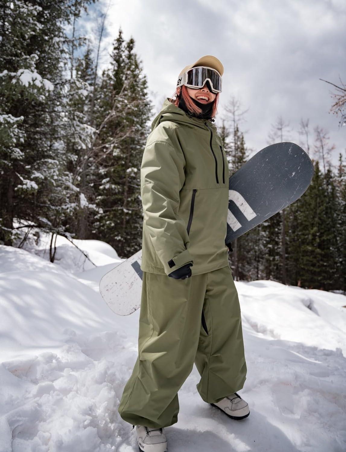 image:imageGSOU SNOW Mens Snow Pants Women Baggy Snowboard Pants Loose Fit Insulated Windproof Waterproof for Ski Hiking Winter OutdoorArmy Green