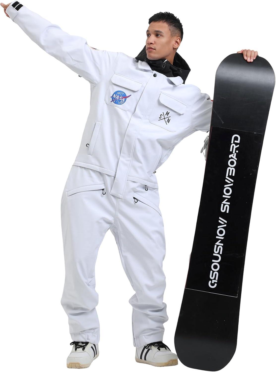 image:imageGSOU SNOW Ski Suits Women Men One Piece Snow Suits Waterproof Windproof Men Snowsuit Insulated Ski Jumpsuit for Snow SportsWhite