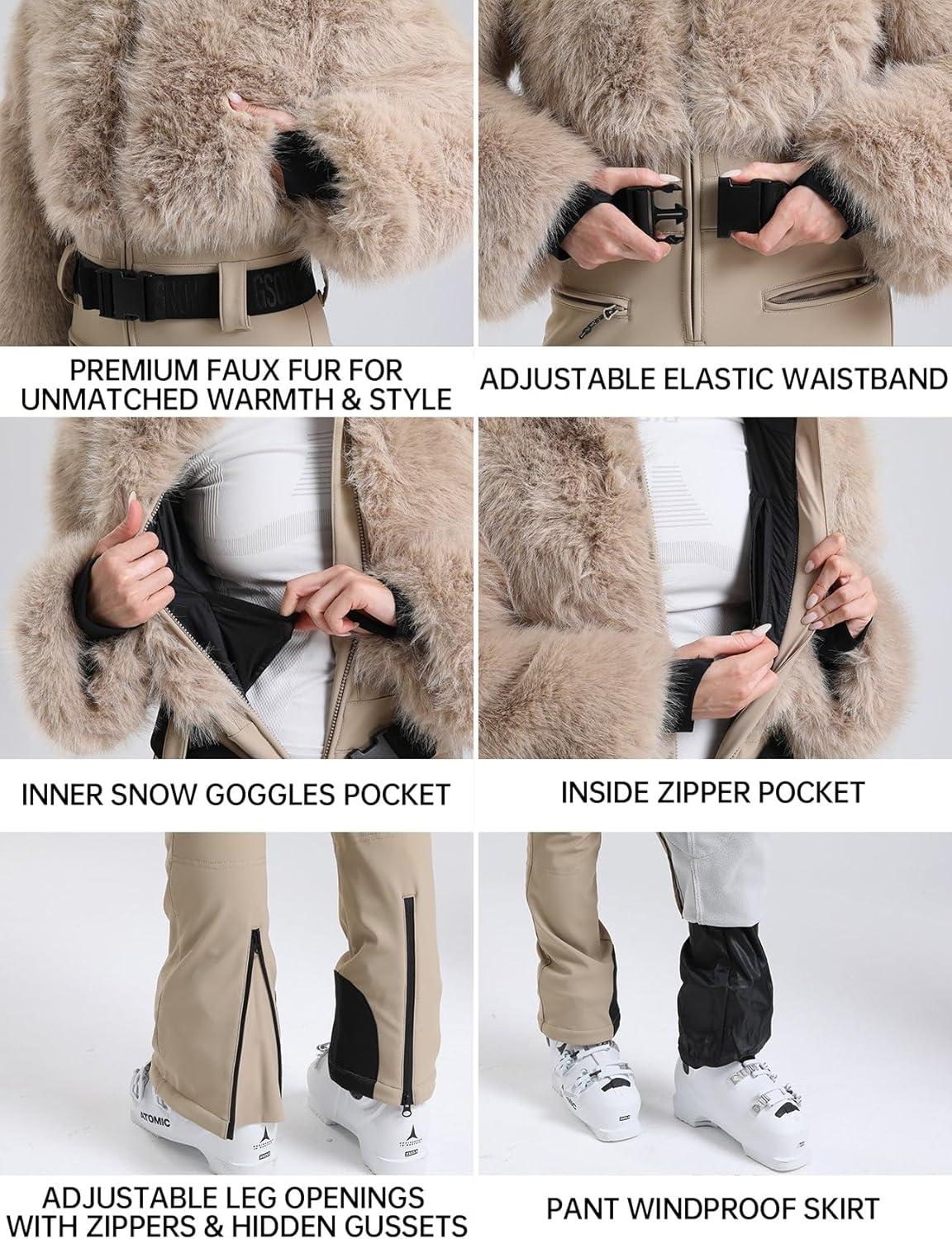 image:imageGSOU SNOW Women Ski Suit One Piece Snowsuit Snowboard Faux Fur Collar Slim Jumpsuit Jacket Insulated Windproof Outdoor WinterKhaki2