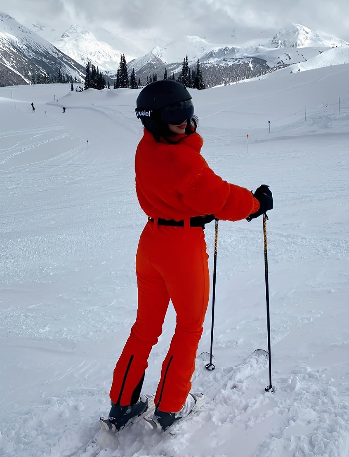 image:imageGSOU SNOW Women Ski Suit One Piece Snowsuit Snowboard Faux Fur Collar Slim Jumpsuit Jacket Insulated Windproof Outdoor WinterOrange