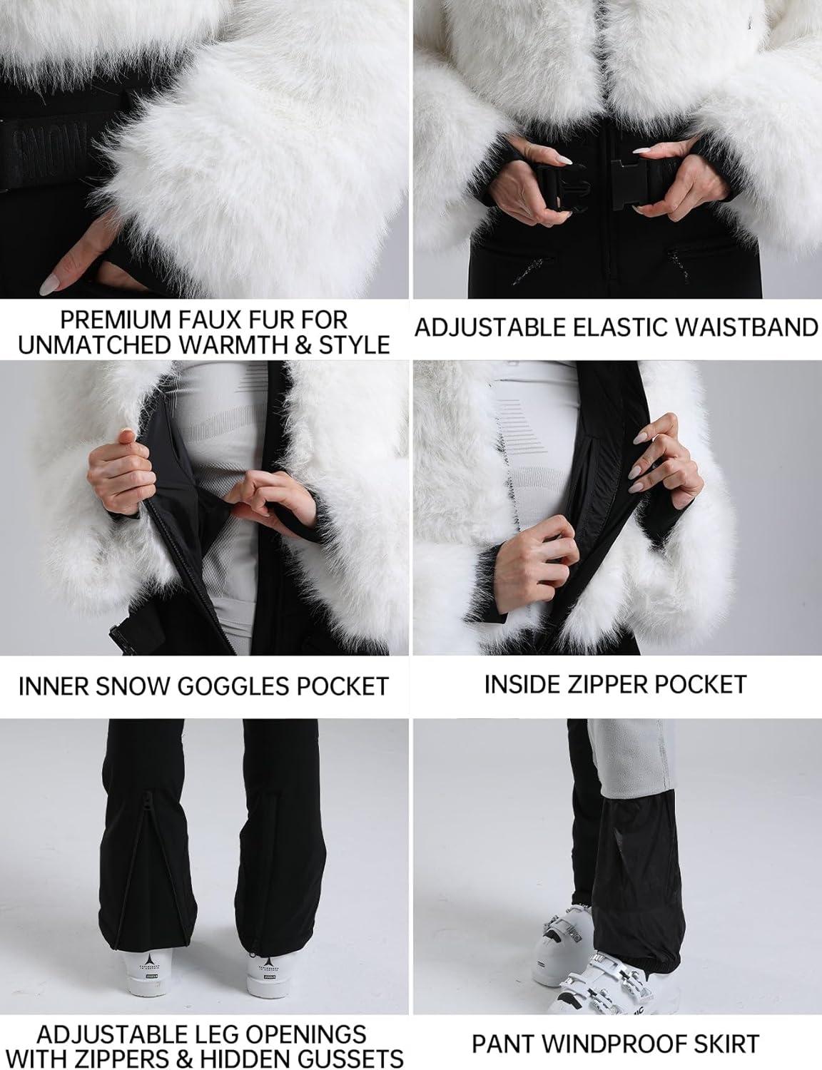 image:imageGSOU SNOW Women Ski Suit One Piece Snowsuit Snowboard Faux Fur Collar Slim Jumpsuit Jacket Insulated Windproof Outdoor WinterWhite2