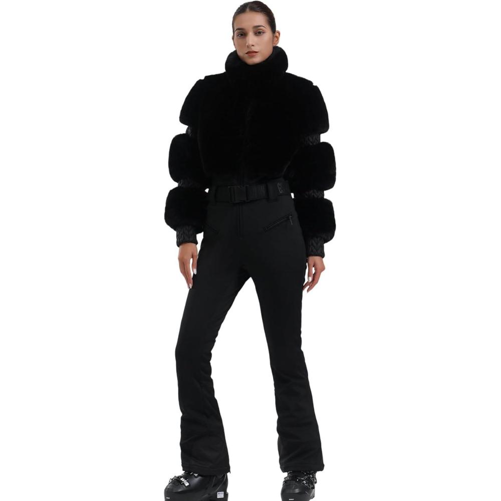 image:imageGSOU SNOW Women Ski Suit One Piece Snowsuit Snowboard Faux Fur Collar Slim Jumpsuit Jacket Insulated Windproof Outdoor WinterBlack
