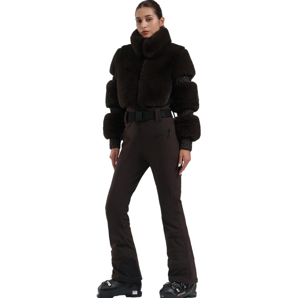 image:imageGSOU SNOW Women Ski Suit One Piece Snowsuit Snowboard Faux Fur Collar Slim Jumpsuit Jacket Insulated Windproof Outdoor WinterBrown