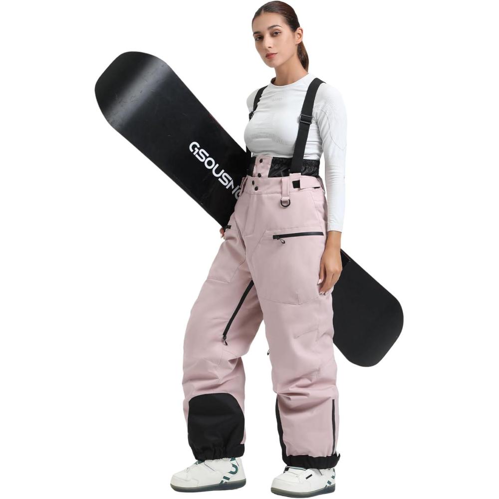 image:imageGSOU SNOW Womens Baggy Snowboard Pants Ski Bibs Snow Loose Overalls Waterproof Windproof Insulated WarmPink