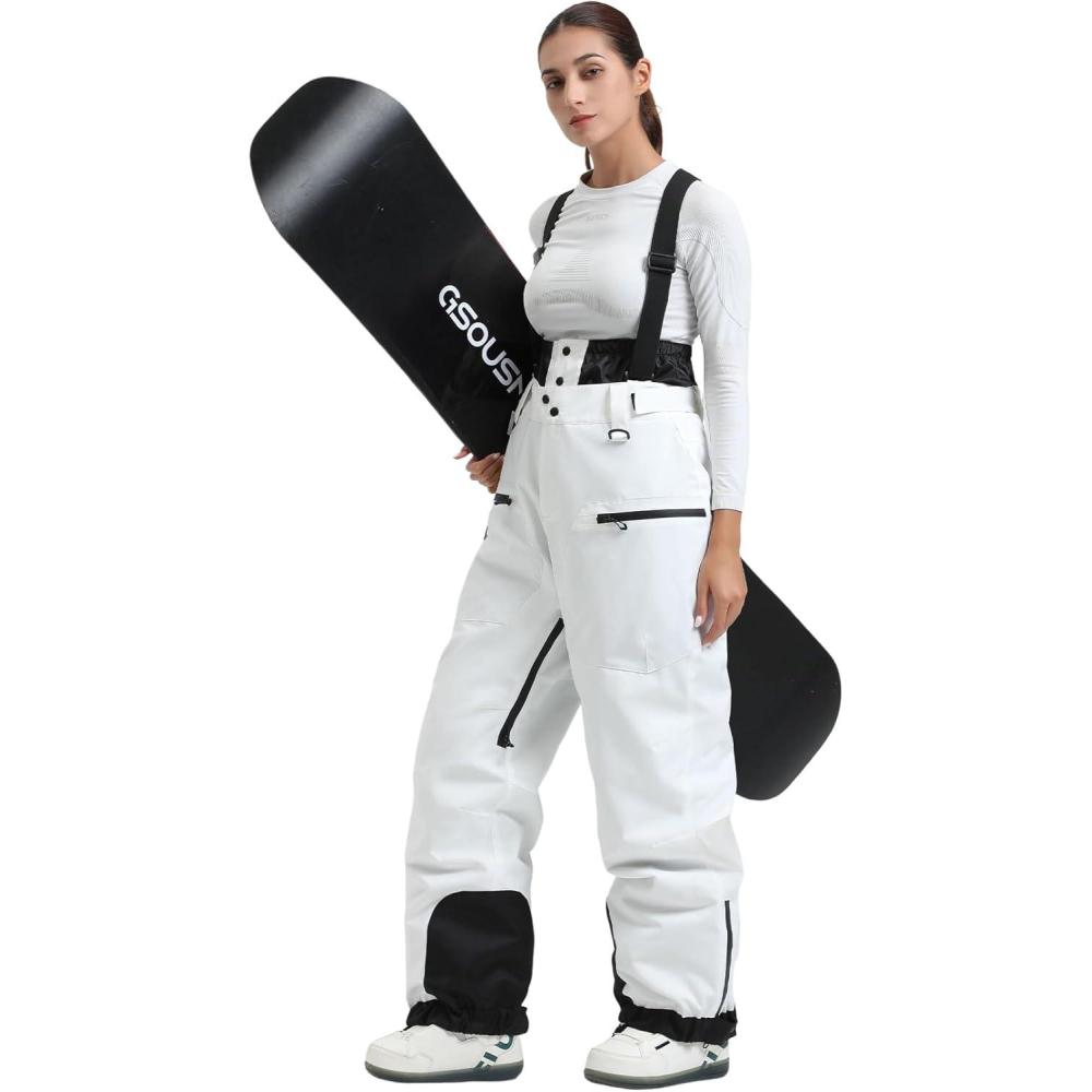 image:imageGSOU SNOW Womens Baggy Snowboard Pants Ski Bibs Snow Loose Overalls Waterproof Windproof Insulated WarmWhite