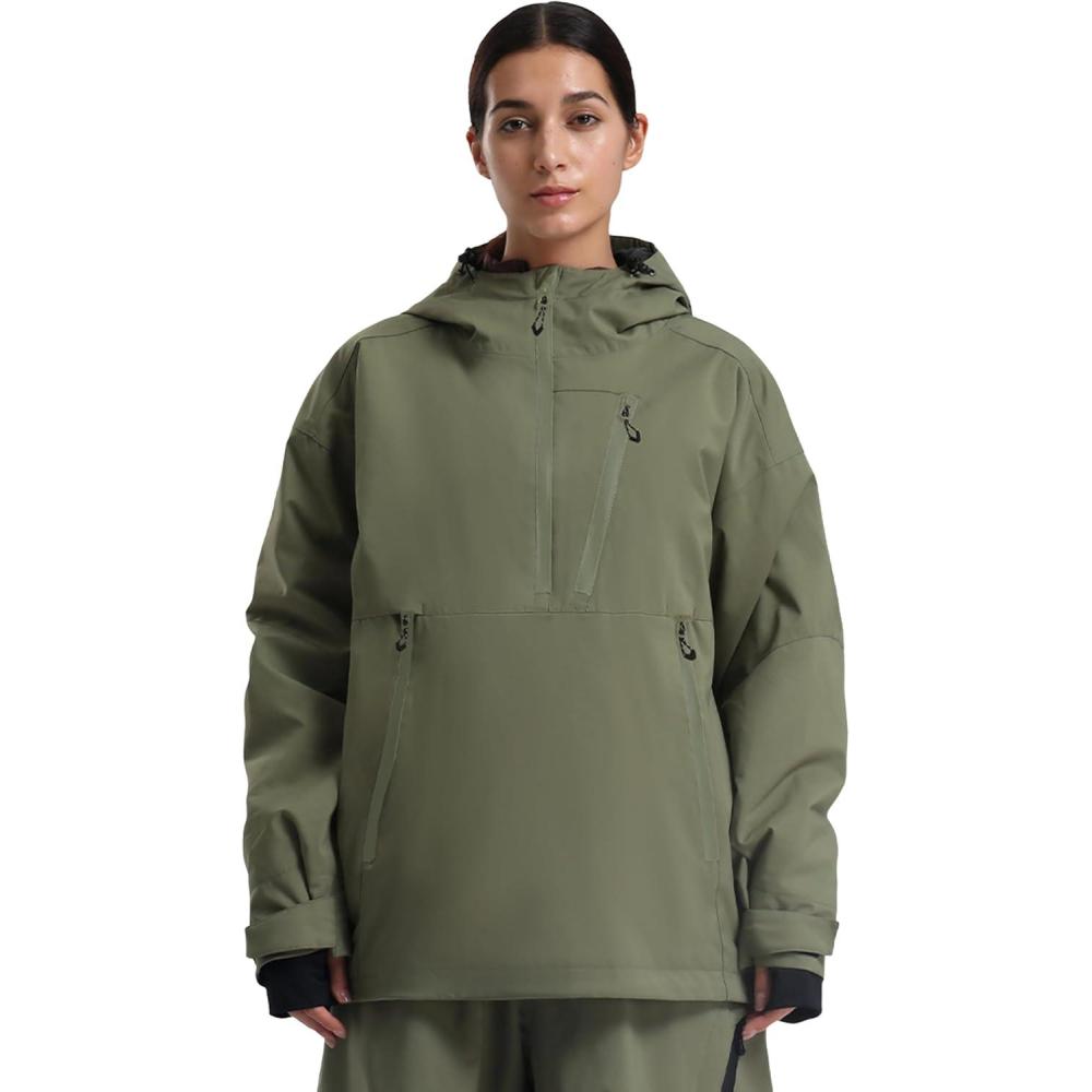 image:imageGSOU SNOW Womens Snowboard Jacket Baggy Ski Jackets Waterproof Snow Hooded Coat Windproof Mountain Winter Outdoor SportsGreen