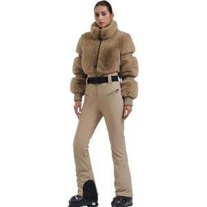 GSOU SNOW Women Ski Suit One Piece Snowsuit Snowboard Faux Fur Collar Slim Jumpsuit Jacket Insulated Windproof Outdoor Winter(Khaki)