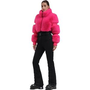 GSOU SNOW Women Ski Suit One Piece Snowsuit Snowboard Faux Fur Collar Slim Jumpsuit Jacket Insulated Windproof Outdoor Winter(Rose Red)