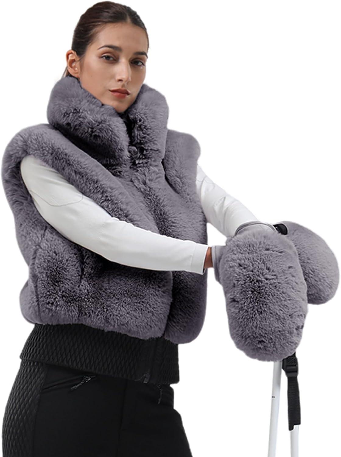 image:imageGSOU SNOW Womens Ski Mittens Faux Fur Snowboard Gloves Snow Mittens Winter Outdoor WarmGray