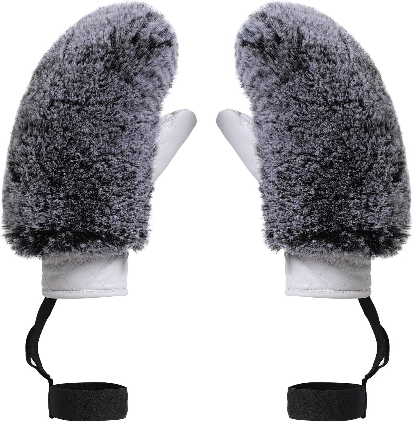 image:imageGSOU SNOW Womens Ski Mittens Faux Fur Snowboard Gloves Snow Mittens Winter Outdoor WarmGray