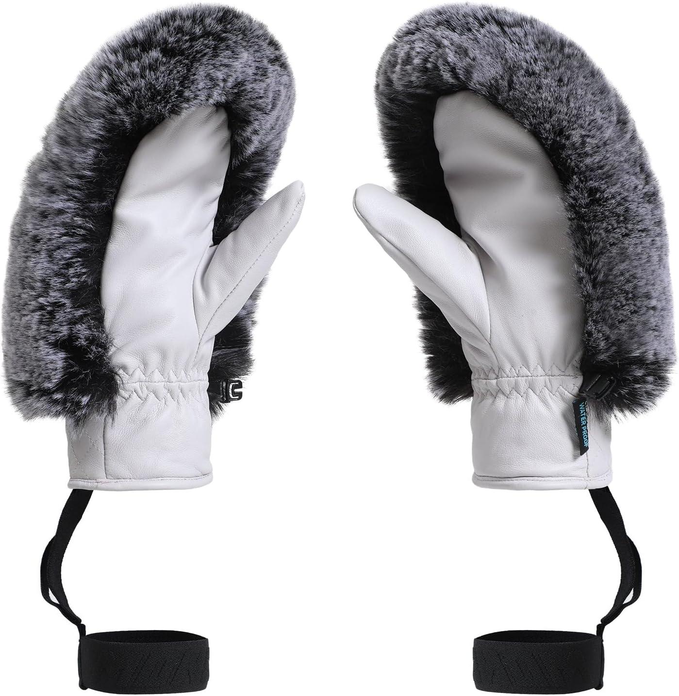 image:imageGSOU SNOW Womens Ski Mittens Faux Fur Snowboard Gloves Snow Mittens Winter Outdoor WarmGray