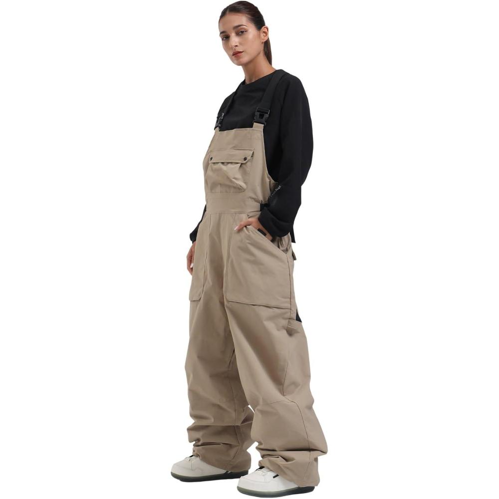image:imageGSOU SNOW Men Snow Pants Snowboard Bibs Baggy Women Ski Pant Snow Bibs Overalls Waterproof Windproof InsulatedKhaki