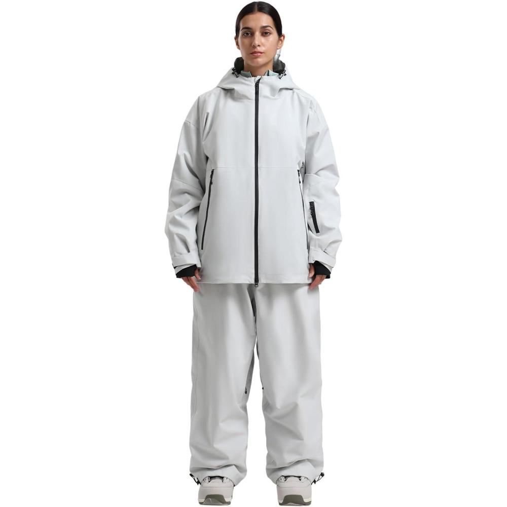 image:imageGSOU SNOW Women Ski Jacket and Pants Set Men Snowboard Jacket Baggy Snow Suit Waterproof Windproof Insulation Ski suitGrey