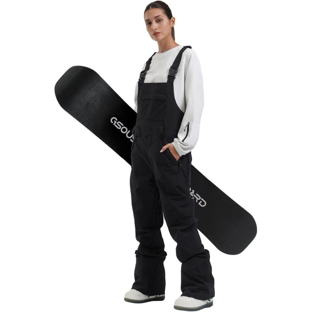 image:imageGSOU SNOW Womens Ski Bibs Snowboard Bibs Pants Snow Overalls Waterproof Windproof Winter Outdoor Sports Insulated WarmDark Black