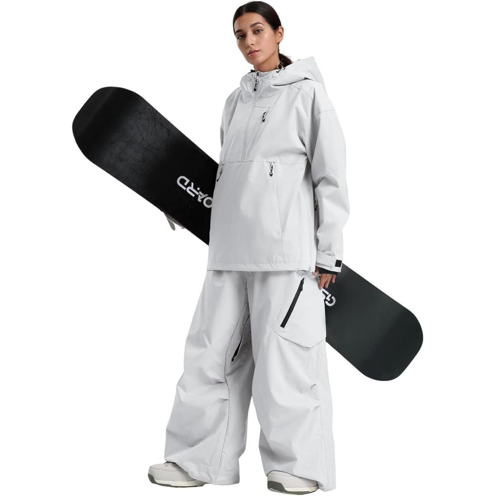 image:imageGSOU SNOW Womens Ski Jacket and Pants Set Snowsuit Snow Coat Waterproof Windproof Ski Suit Warm for WinterGrey
