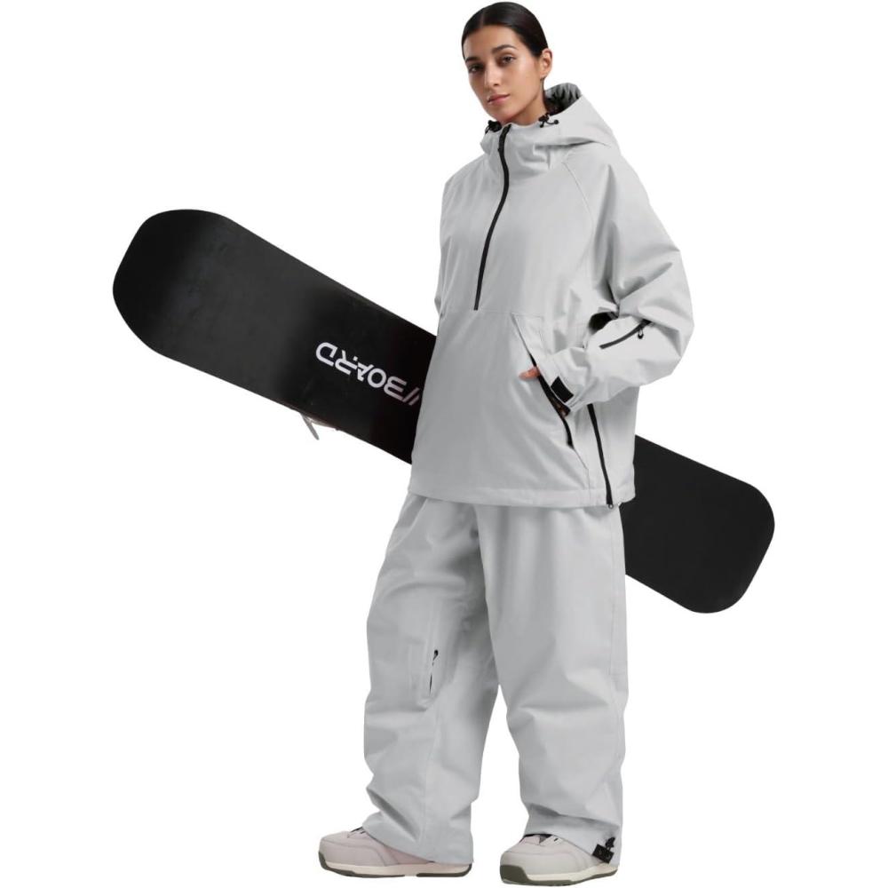 image:imageGSOU SNOW Womens Ski Jacket and Pants Set Snowsuit Snow Coat Waterproof Windproof Ski Suit Warm for WinterGrey5