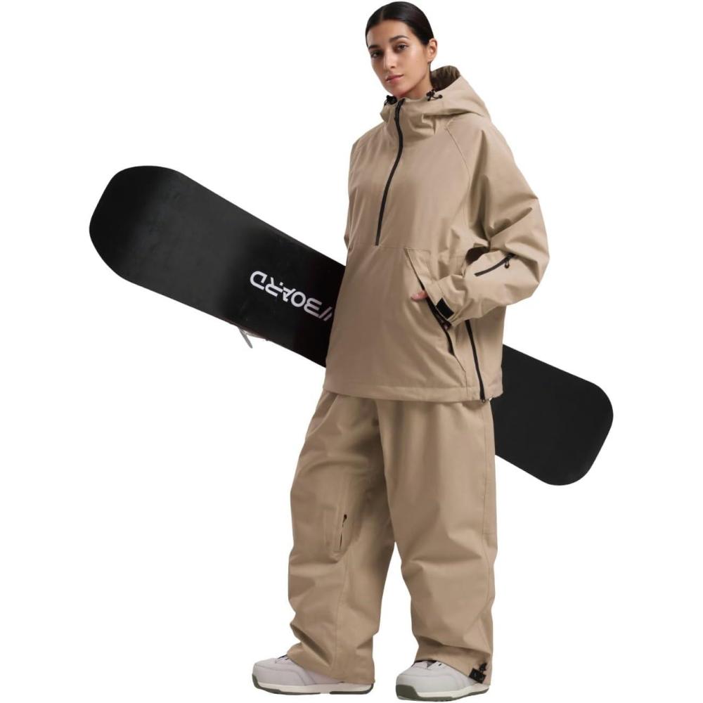 image:imageGSOU SNOW Womens Ski Jacket and Pants Set Snowsuit Snow Coat Waterproof Windproof Ski Suit Warm for WinterKhaki5