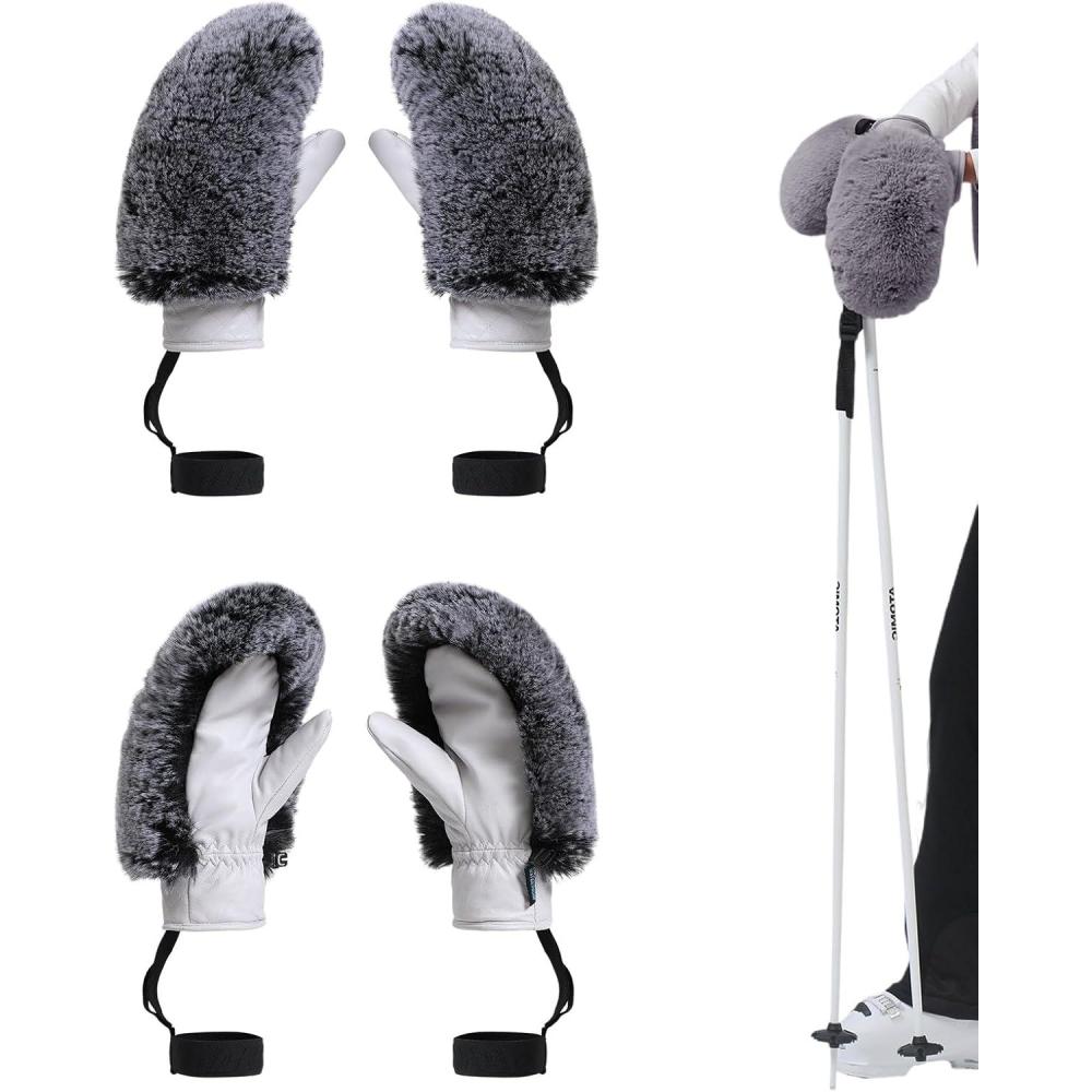 image:imageGSOU SNOW Womens Ski Mittens Faux Fur Snowboard Gloves Snow Mittens Winter Outdoor WarmGray