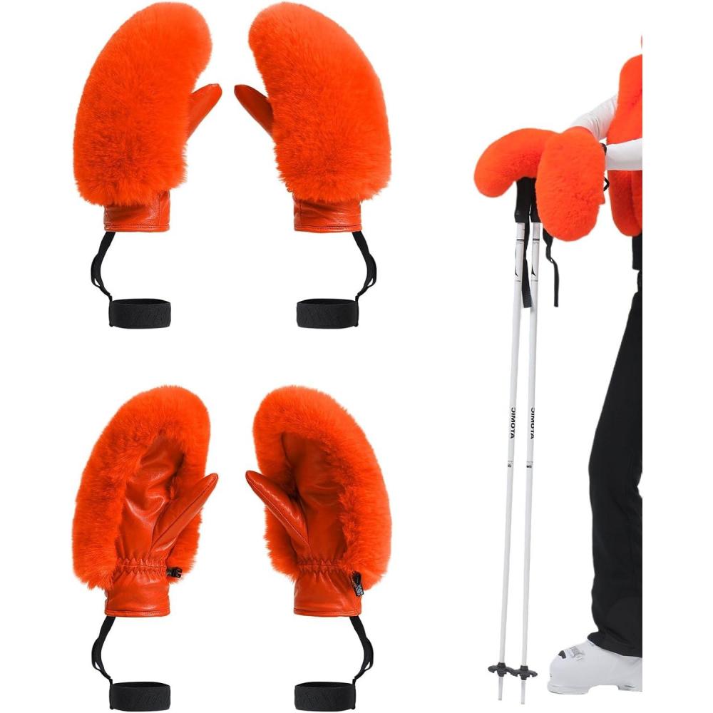 image:imageGSOU SNOW Womens Ski Mittens Faux Fur Snowboard Gloves Snow Mittens Winter Outdoor WarmOrange