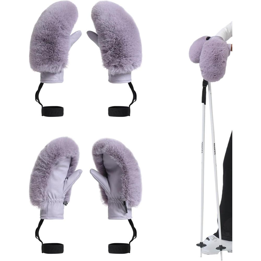 image:imageGSOU SNOW Womens Ski Mittens Faux Fur Snowboard Gloves Snow Mittens Winter Outdoor WarmPurple