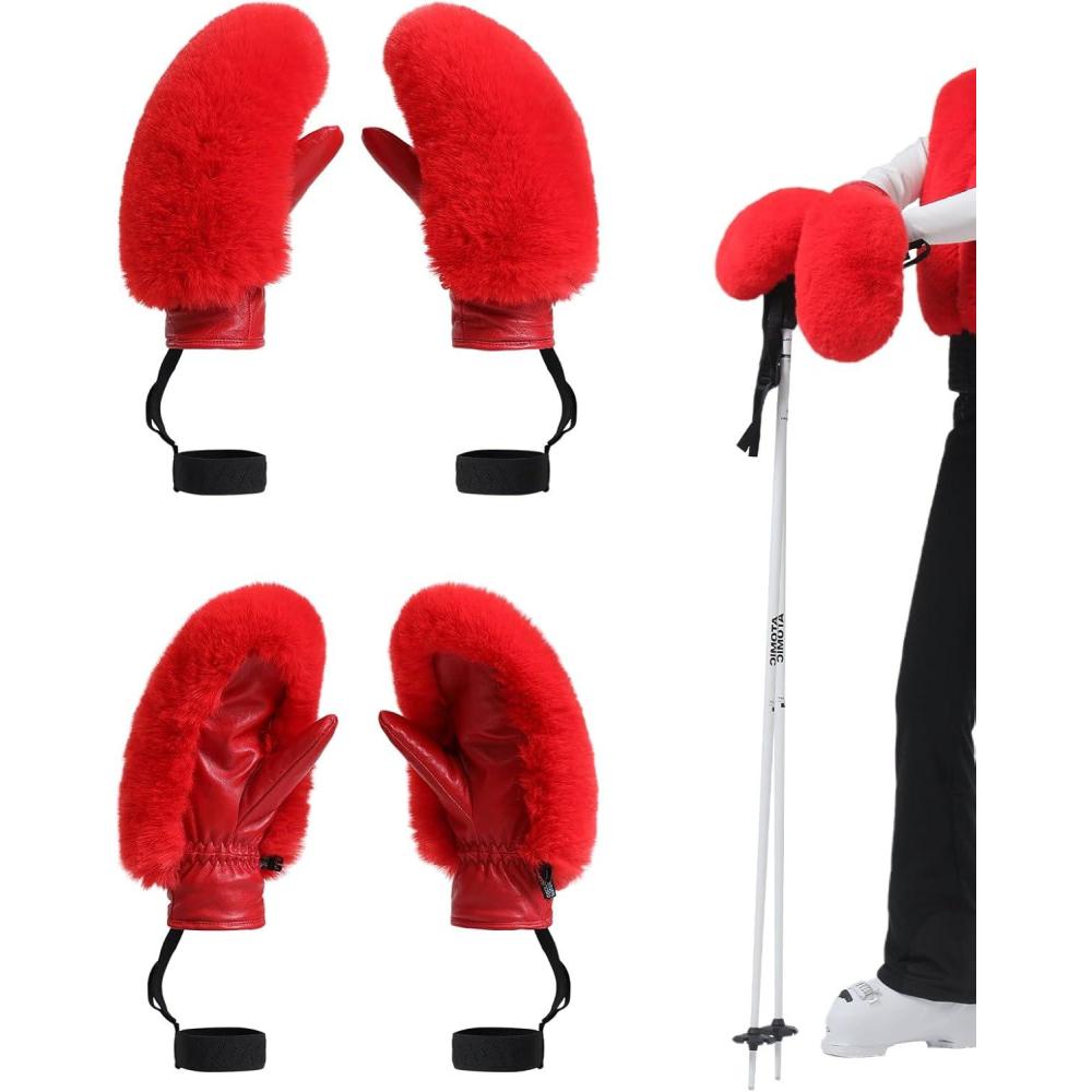 image:imageGSOU SNOW Womens Ski Mittens Faux Fur Snowboard Gloves Snow Mittens Winter Outdoor WarmRed