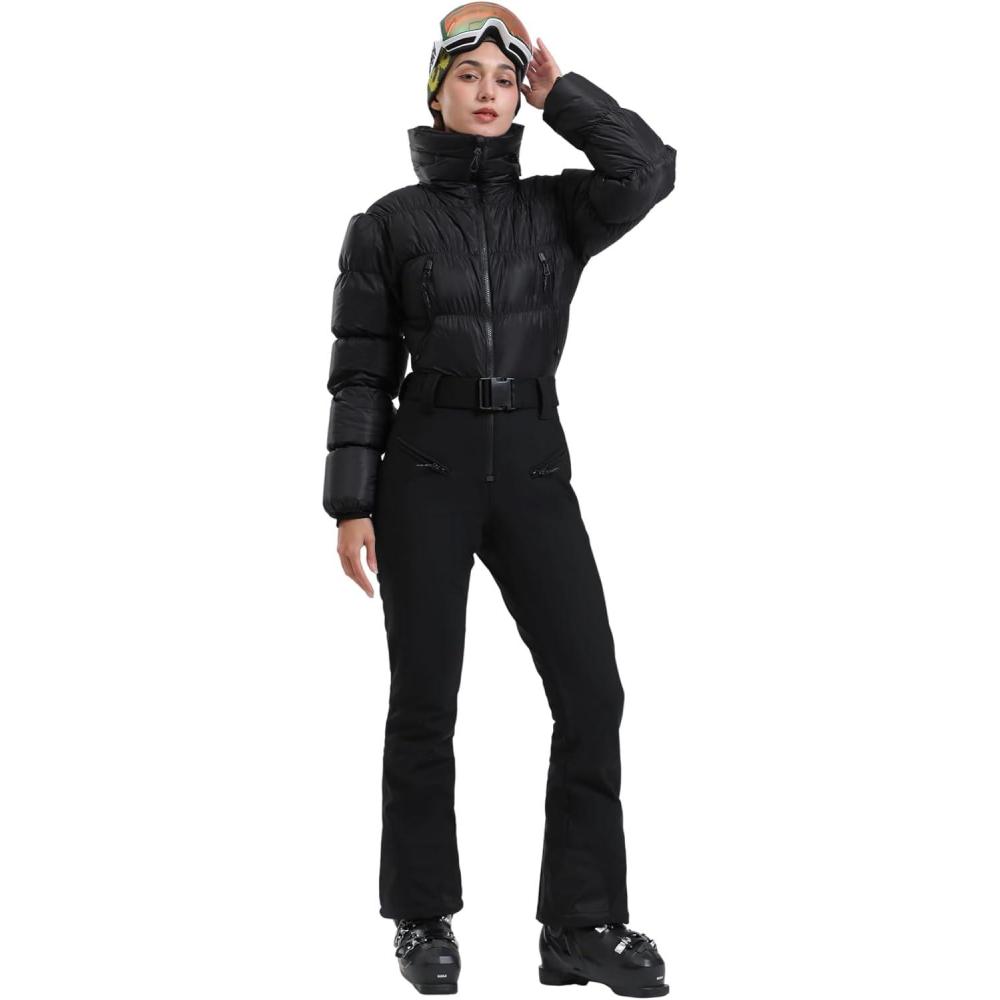 image:imageGSOU SNOW Womens Ski Suits Down One Piece Snowsuit Waterproof Snowboard Jumpsuits Winter Ski OutfitBlack