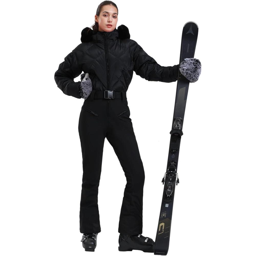 image:imageGSOU SNOW Womens Ski Suits Down One Piece Snowsuit Waterproof Snowboard Jumpsuits Winter Ski OutfitBlack1