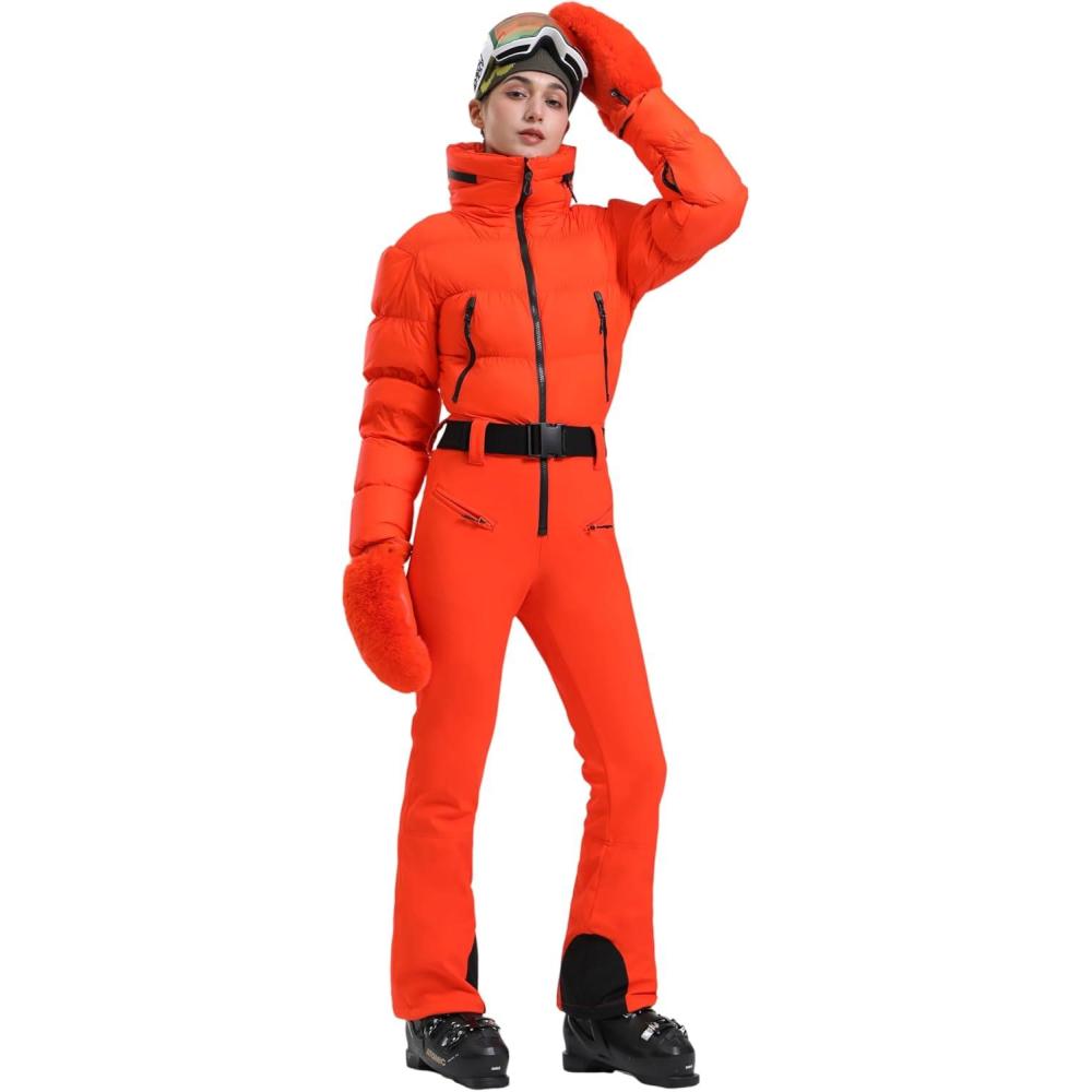 image:imageGSOU SNOW Womens Ski Suits Down One Piece Snowsuit Waterproof Snowboard Jumpsuits Winter Ski OutfitOrange