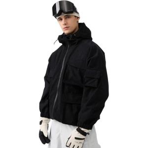 GSOU SNOW Mens Snowboard Jacket Baggy Womens Ski Jackets Cargo Snow Coat Waterproof Windproof Warm Multi-Pockets Sports(Black)