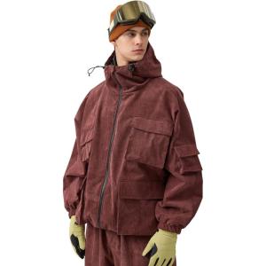 GSOU SNOW Mens Snowboard Jacket Baggy Womens Ski Jackets Cargo Snow Coat Waterproof Windproof Warm Multi-Pockets Sports(Burgundy)