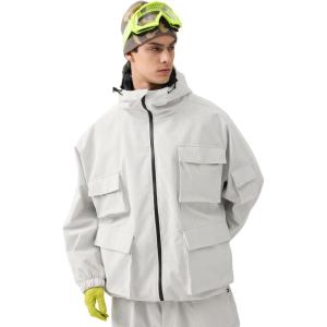 GSOU SNOW Mens Snowboard Jacket Baggy Womens Ski Jackets Cargo Snow Coat Waterproof Windproof Warm Multi-Pockets Sports(White)