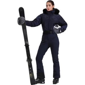 GSOU SNOW Womens Ski Suits Down One Piece Snowsuit Waterproof Snowboard Jumpsuits Winter Ski Outfit(Navy Blue)