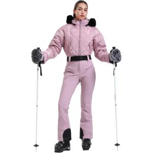 GSOU SNOW Womens Ski Suits Down One Piece Snowsuit Waterproof Snowboard Jumpsuits Winter Ski Outfit(Pink)