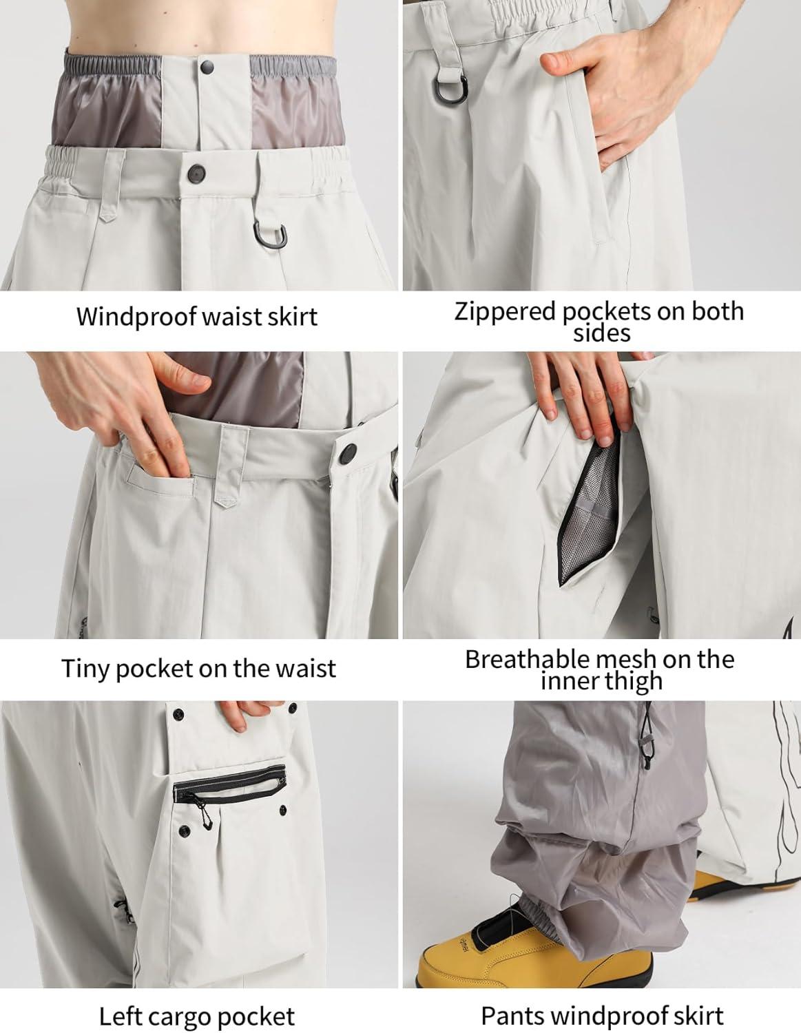 image:imageGSOU SNOW Men Baggy Snowboard Pants Women Snow Pants Waterproof Cargo Snowboarding Ski Pants with Reflective Flame GraphicBeige