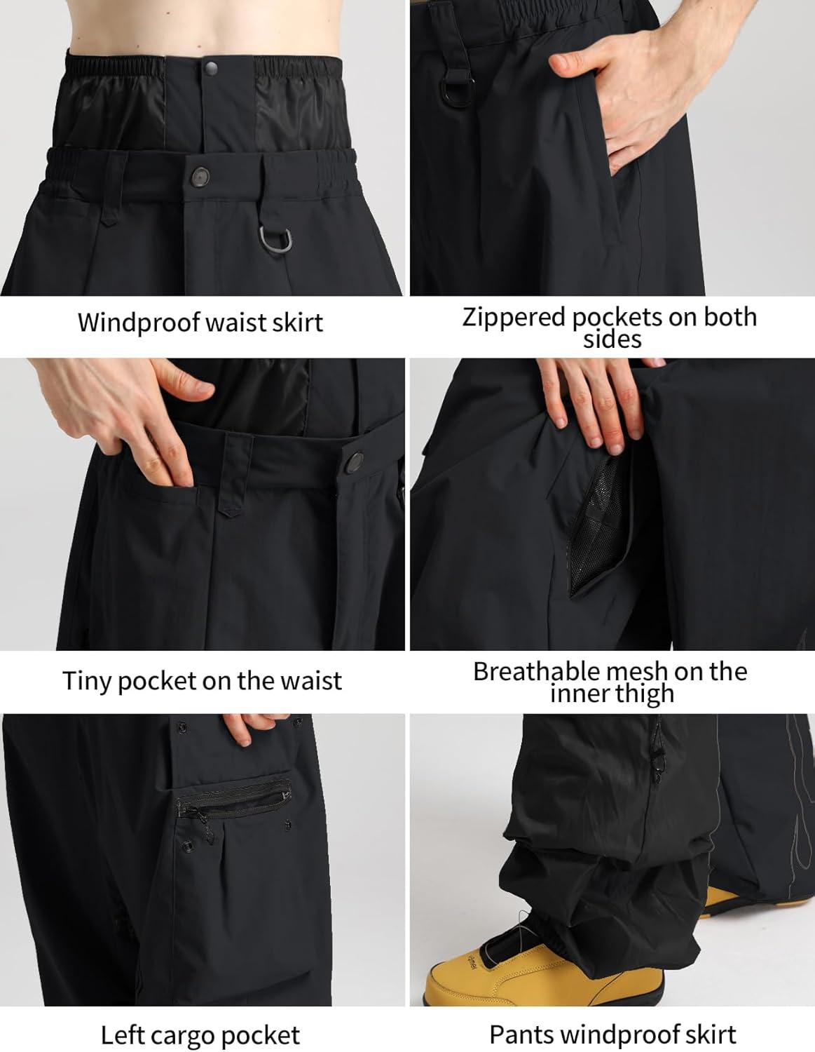 image:imageGSOU SNOW Men Baggy Snowboard Pants Women Snow Pants Waterproof Cargo Snowboarding Ski Pants with Reflective Flame GraphicBlack