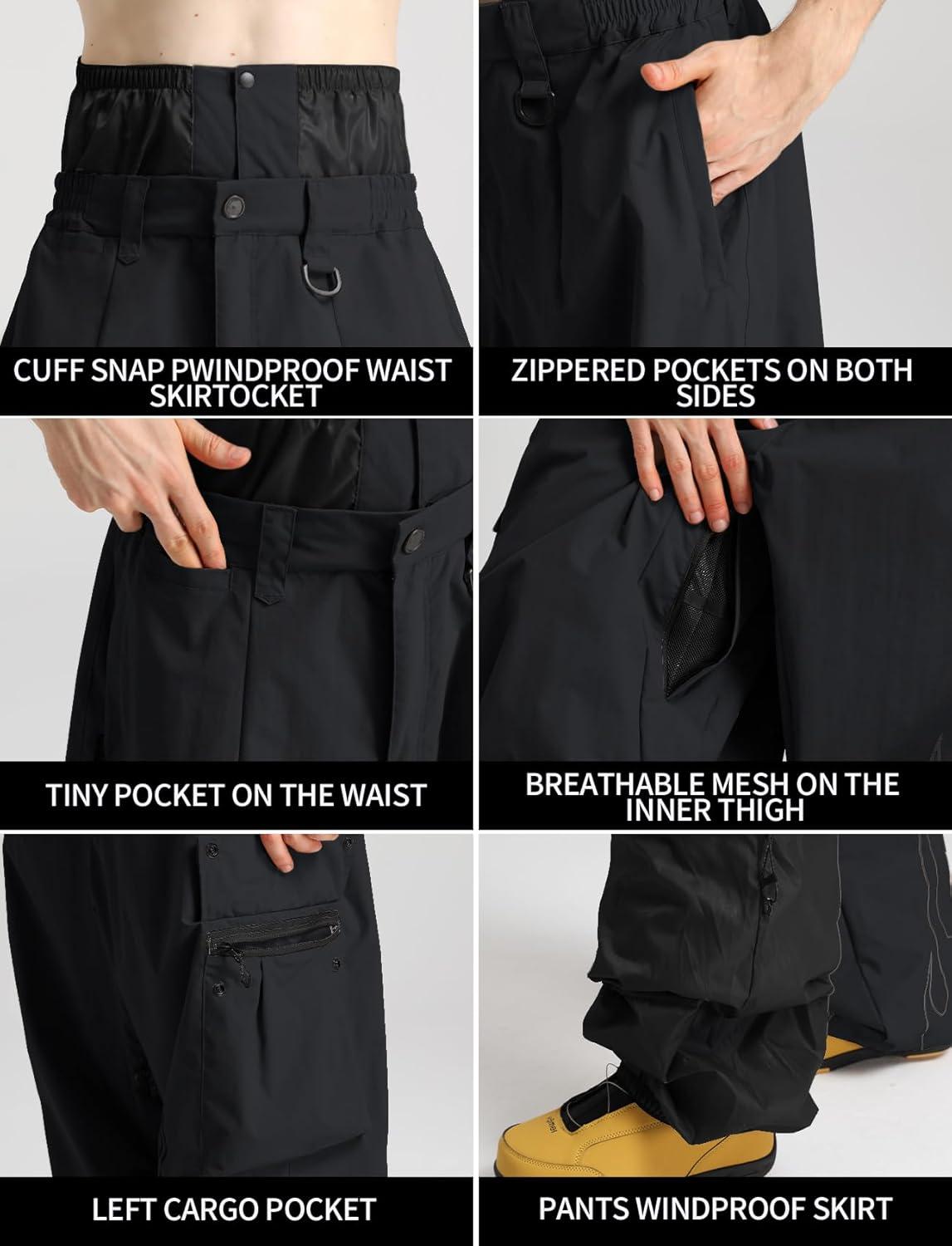 image:imageGSOU SNOW Men Baggy Snowboard Pants Women Snow Pants Waterproof Cargo Snowboarding Ski Pants with Reflective Flame GraphicGreen