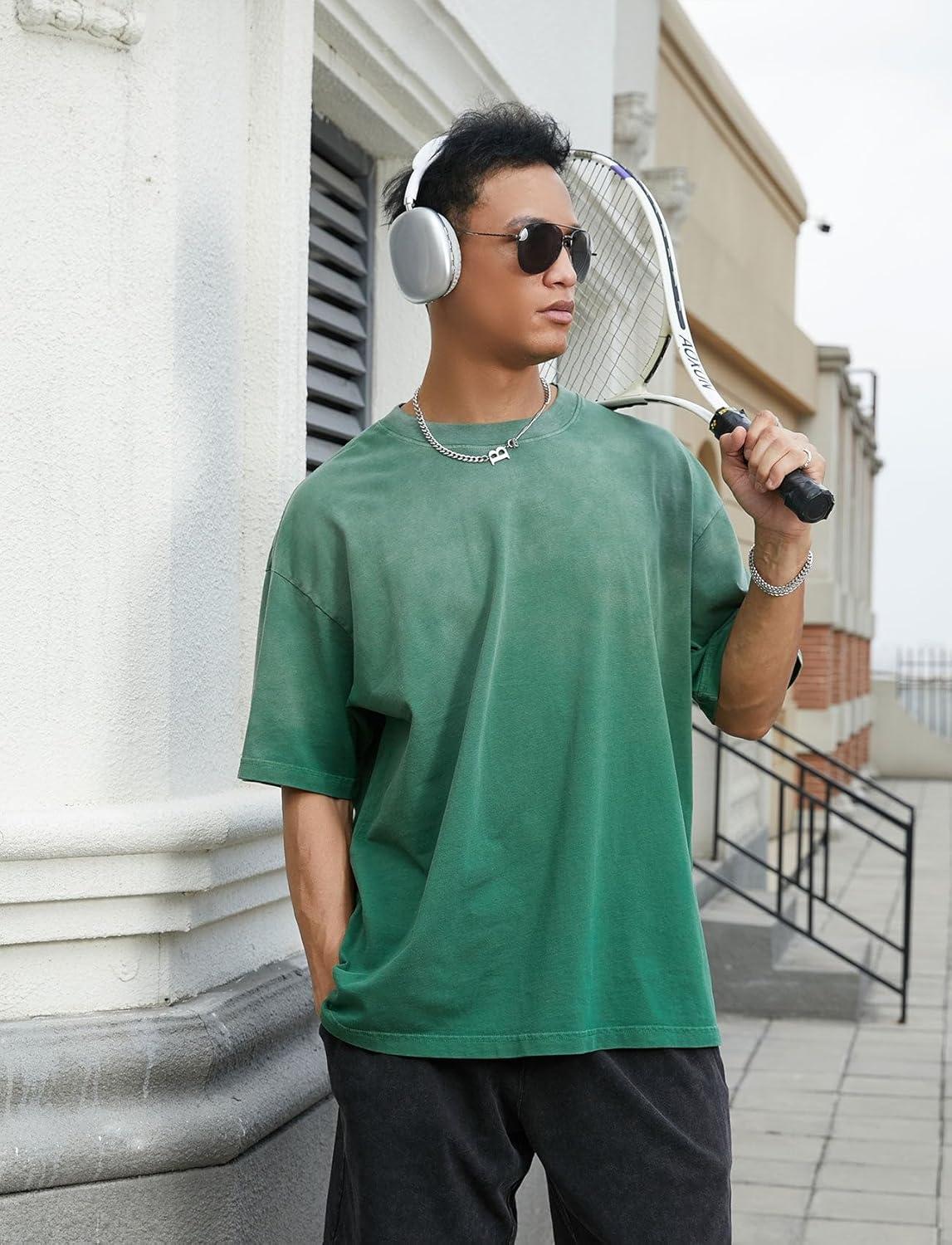 image:imageGSOU SNOW Men Oversized T Shirt Cotton Casual Unisex Short Sleeve Vintage Baggy Tee Shirts Washed Mens StreetwearBlackwhitegreen