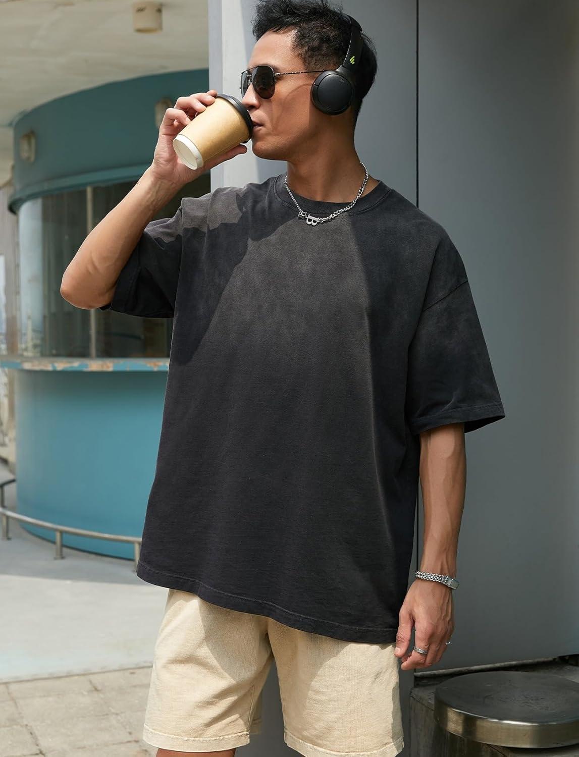 image:imageGSOU SNOW Men Oversized T Shirt Cotton Casual Unisex Short Sleeve Vintage Baggy Tee Shirts Washed Mens StreetwearBlackwhitenavy