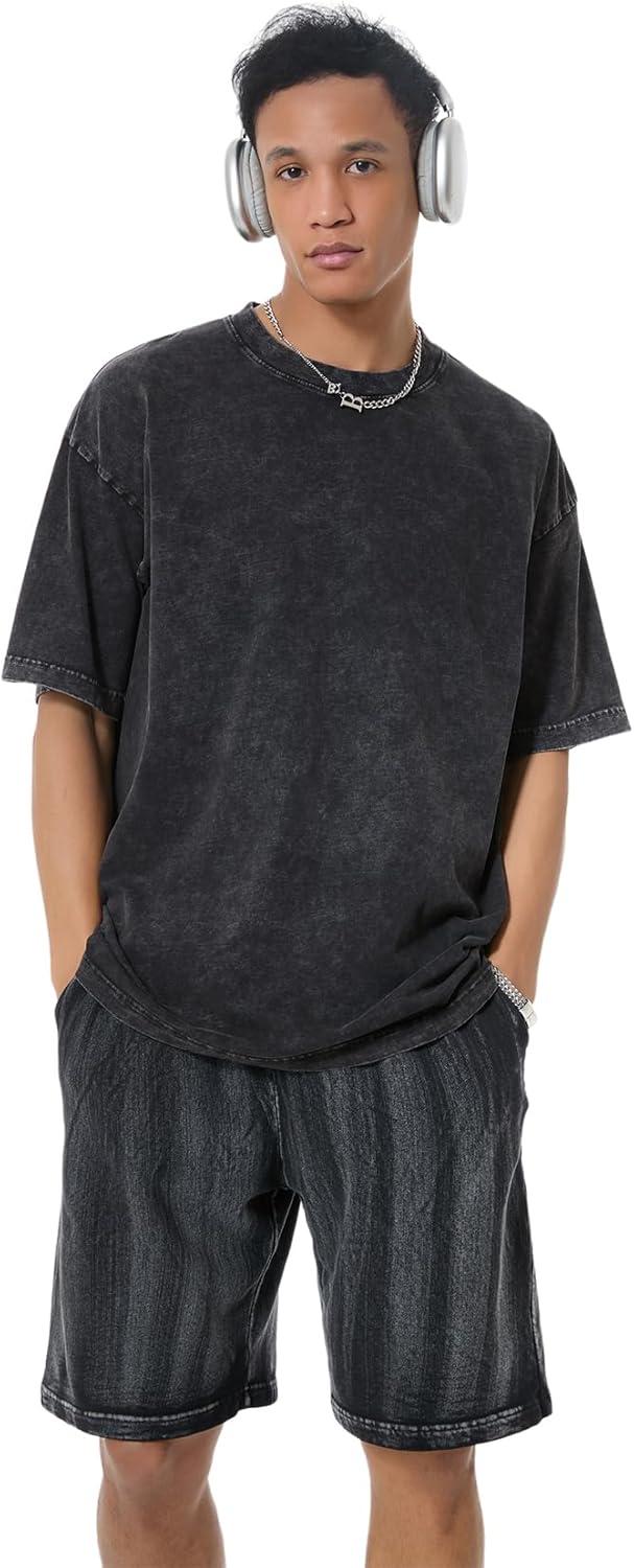 image:imageGSOU SNOW Men Oversized T Shirt Cotton Casual Unisex Short Sleeve Vintage Baggy Tee Shirts Washed Mens StreetwearWashed Black Grey Black