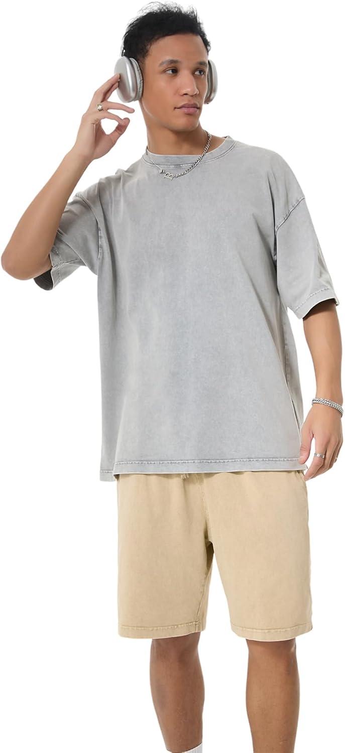 image:imageGSOU SNOW Men Oversized T Shirt Cotton Casual Unisex Short Sleeve Vintage Baggy Tee Shirts Washed Mens StreetwearWashed Black Grey Coffee