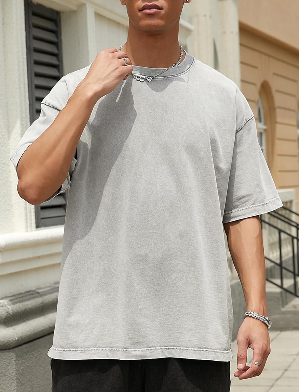 image:imageGSOU SNOW Men Oversized T Shirt Cotton Casual Unisex Short Sleeve Vintage Baggy Tee Shirts Washed Mens StreetwearWashed Black Grey Grass Green