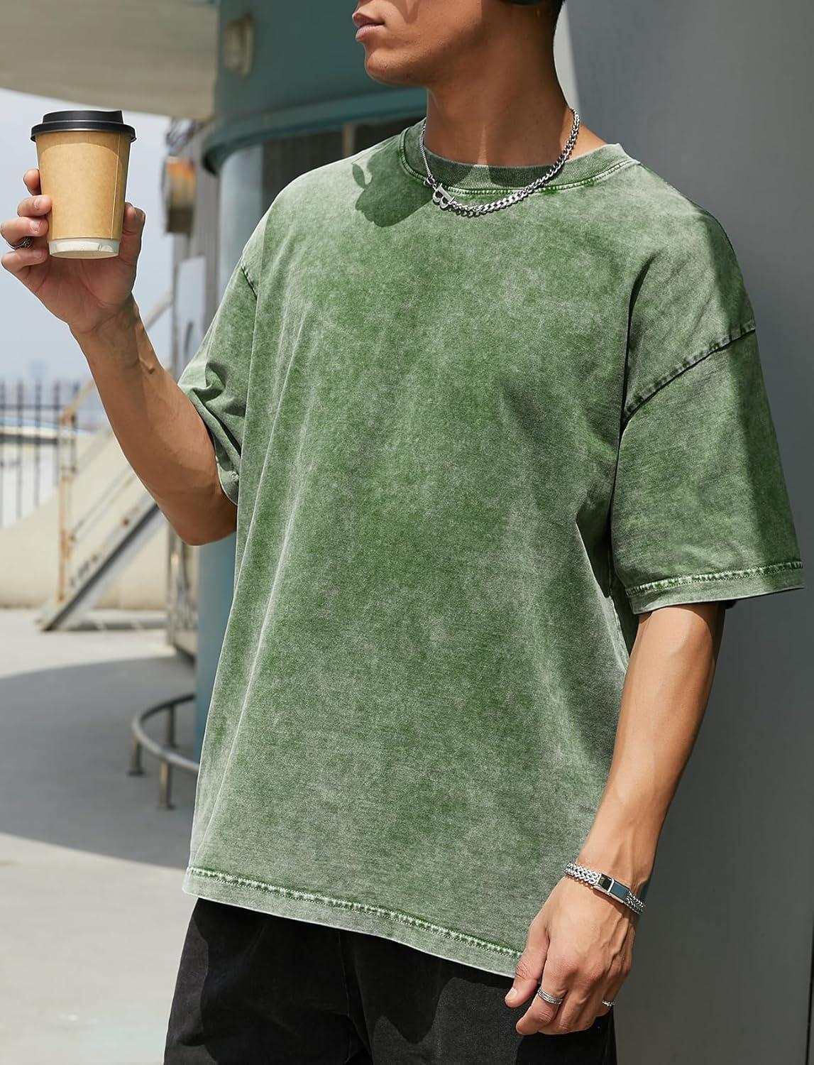 image:imageGSOU SNOW Men Oversized T Shirt Cotton Casual Unisex Short Sleeve Vintage Baggy Tee Shirts Washed Mens StreetwearWashed Black Grey Grass Green