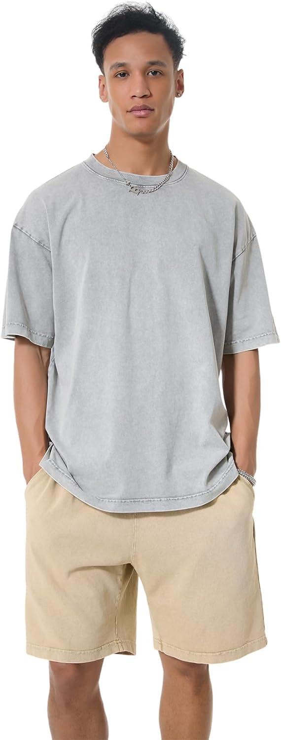 image:imageGSOU SNOW Men Oversized T Shirt Cotton Casual Unisex Short Sleeve Vintage Baggy Tee Shirts Washed Mens StreetwearWashed Black Grey Khaki