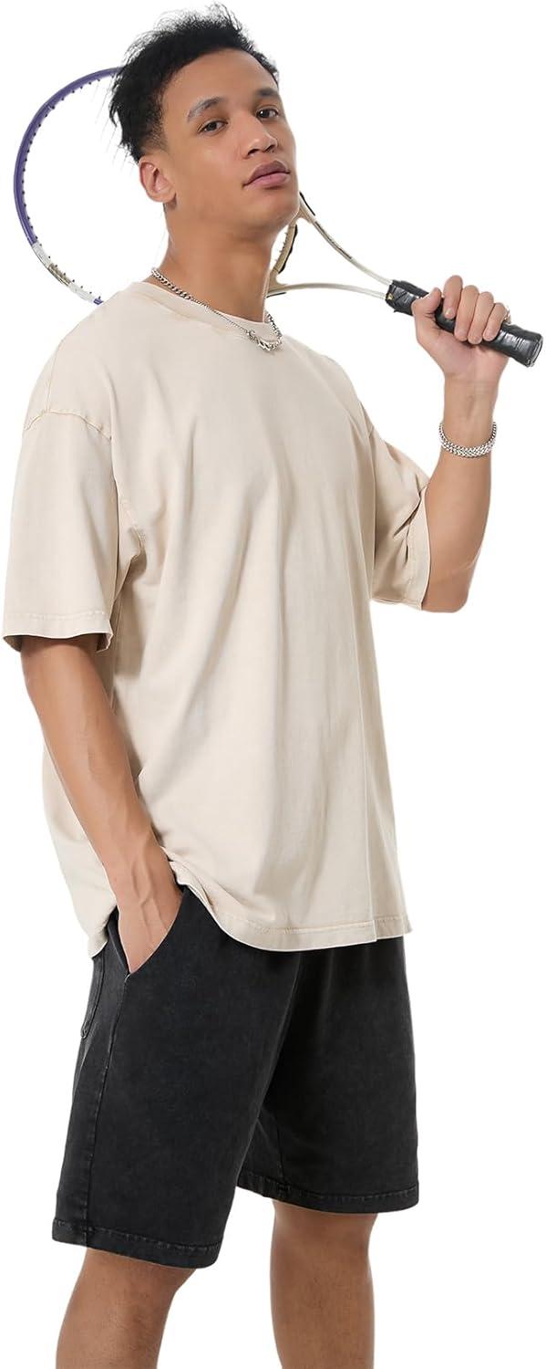 image:imageGSOU SNOW Men Oversized T Shirt Cotton Casual Unisex Short Sleeve Vintage Baggy Tee Shirts Washed Mens StreetwearWashed Black Grey Khaki