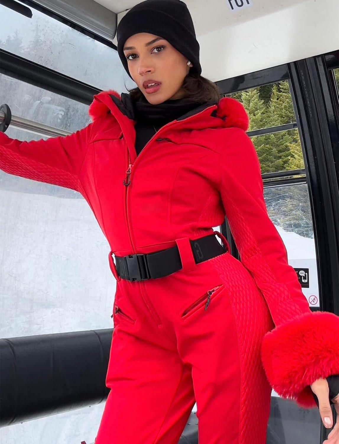 image:imageGSOU SNOW Ski Suit Womens One Piece Snowsuit Snowboard Jacket Slim Snow Jumpsuit Faux Fur Ski Outfit Waterproof WindproofRed