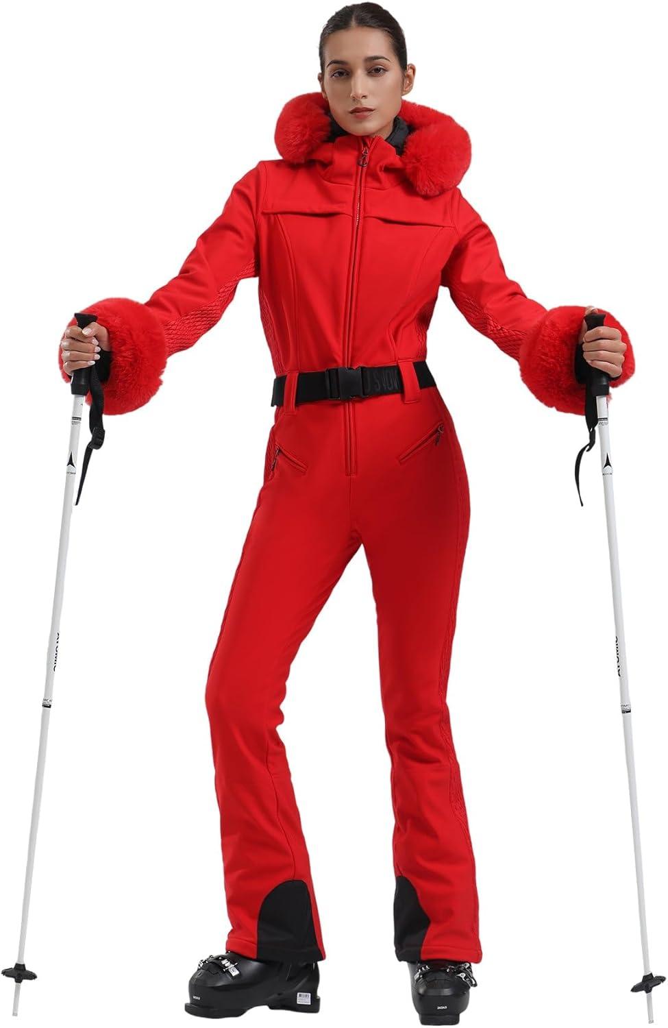 image:imageGSOU SNOW Ski Suit Womens One Piece Snowsuit Snowboard Jacket Slim Snow Jumpsuit Faux Fur Ski Outfit Waterproof WindproofRed