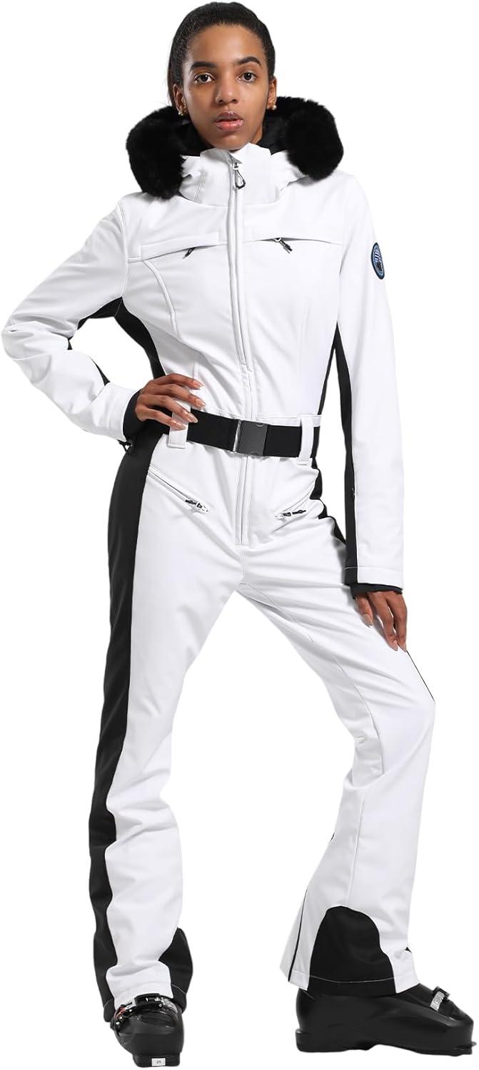 image:imageGSOU SNOW Womens Ski Suit One Piece Snowsuit Snowboard Slim Insulated Jumpsuit Jacket Waterproof Windproof for Outdoor SportsWhite