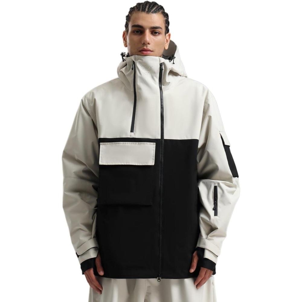 image:imageGSOU SNOW Men Ski Jacket Snowboard Waterproof Baggy Snow Coat Warm Winter Sport HoodedBlack Beige
