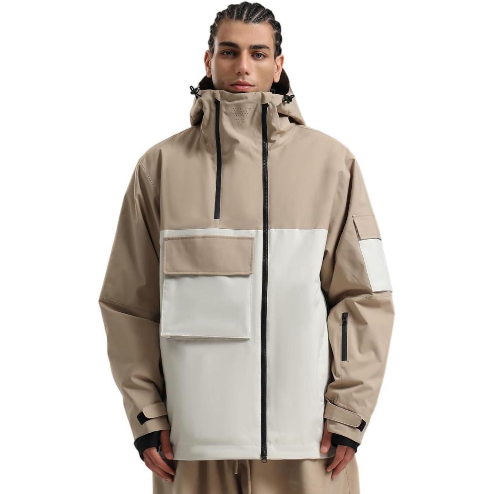 image:imageGSOU SNOW Men Ski Jacket Snowboard Waterproof Baggy Snow Coat Warm Winter Sport HoodedKhaki Beige