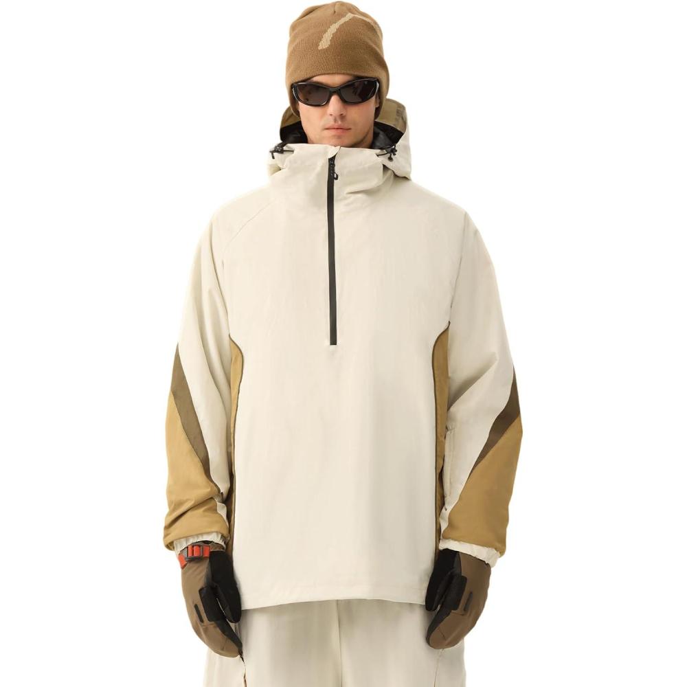 image:imageGSOU SNOW Men Snowboard Jacket Ski Baggy Women Snow Coat Waterproof Winter Sport Hooded Reflective StripBeige 1